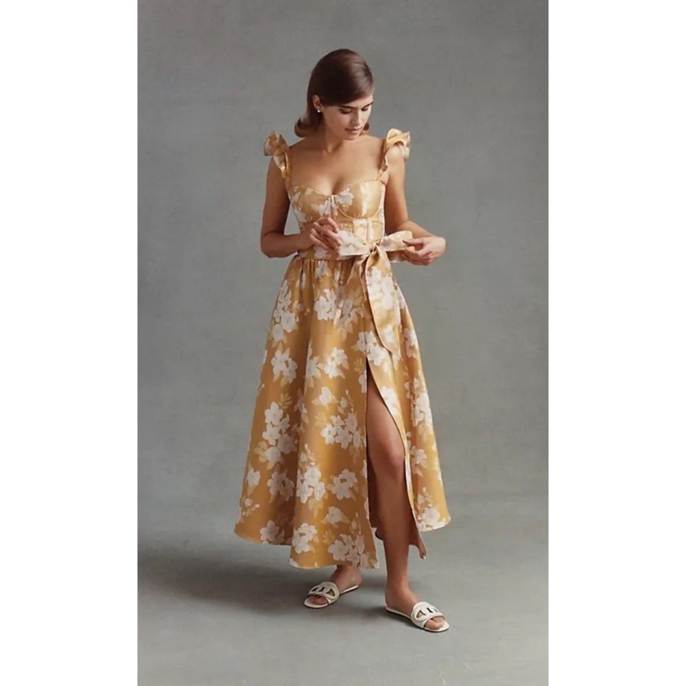$525 Anthropologie V. Chapman Vera Ruffle Corset Slit Gold Dress Floral  10 Midi - Picture 3 of 15
